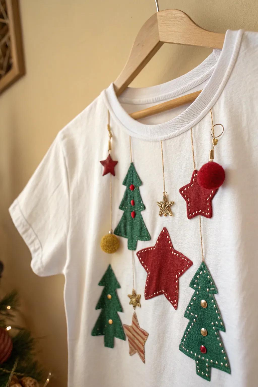 Elevate your holiday style with a handcrafted ornament-embellished shirt. Simplicity meets festive flair!