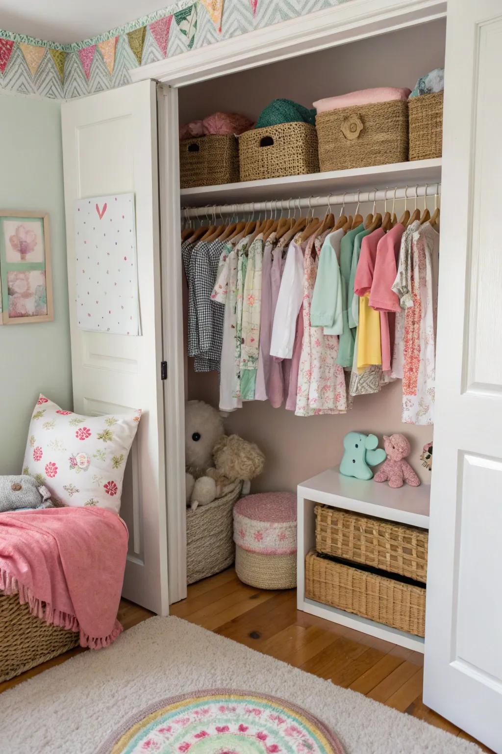 A nursery nook offers a snug, organized space for baby essentials.