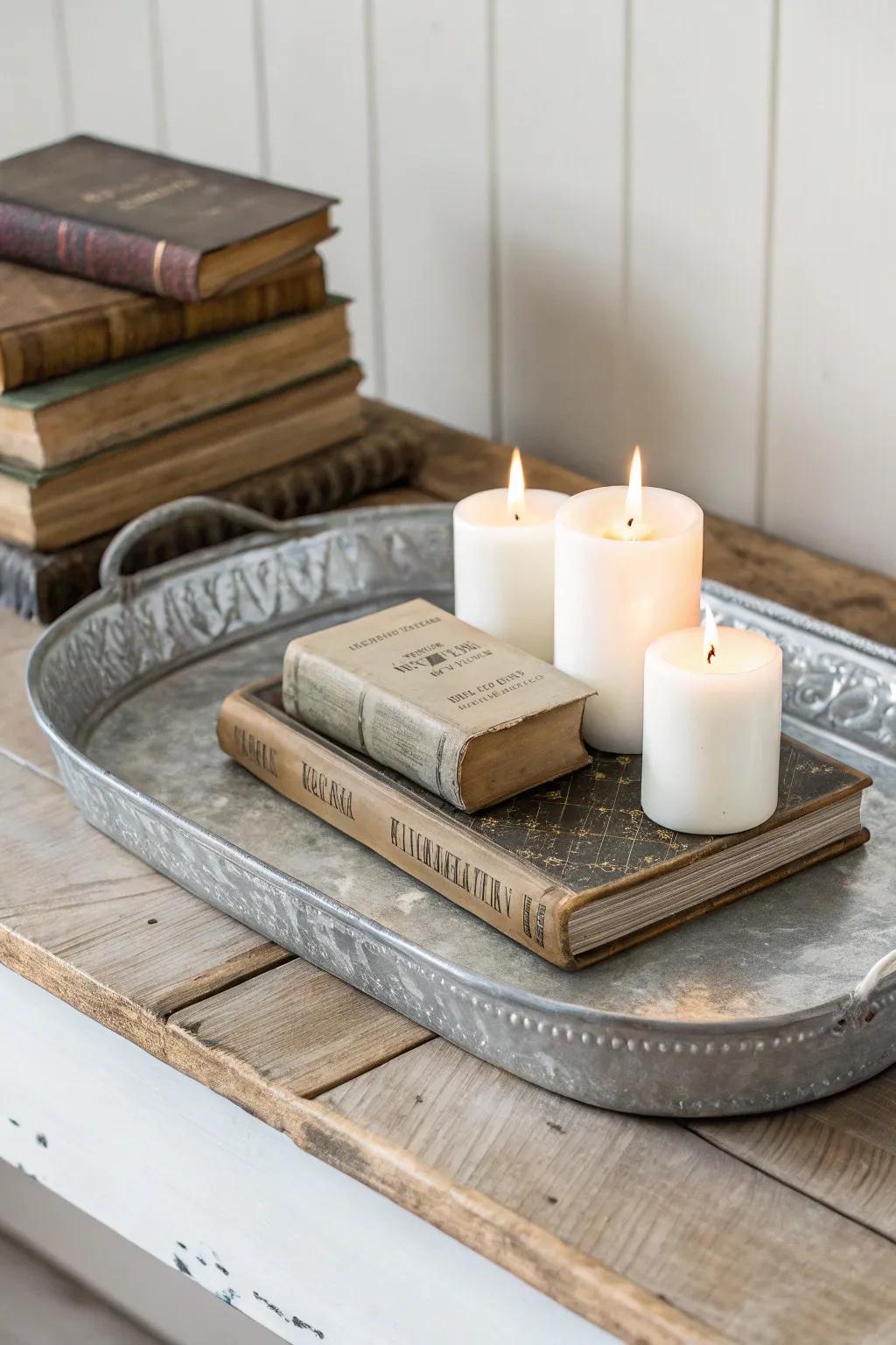 Elevate your space with an industrial chic metal tray, perfectly paired with vintage finds and soft candlelight for a cozy, minimalist touch.