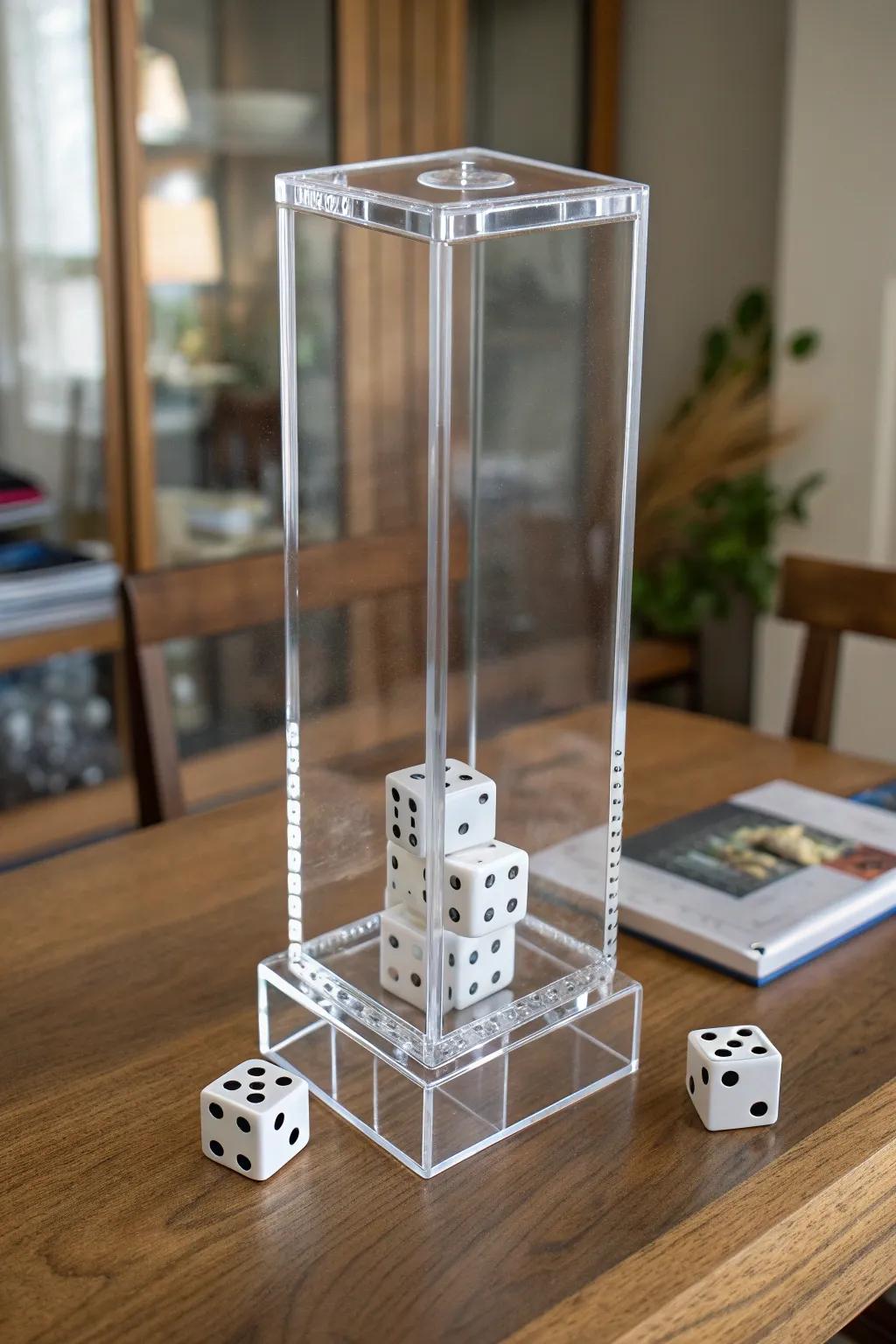 Roll in style with this minimalist acrylic dice tower, a perfect blend of function and modern design.