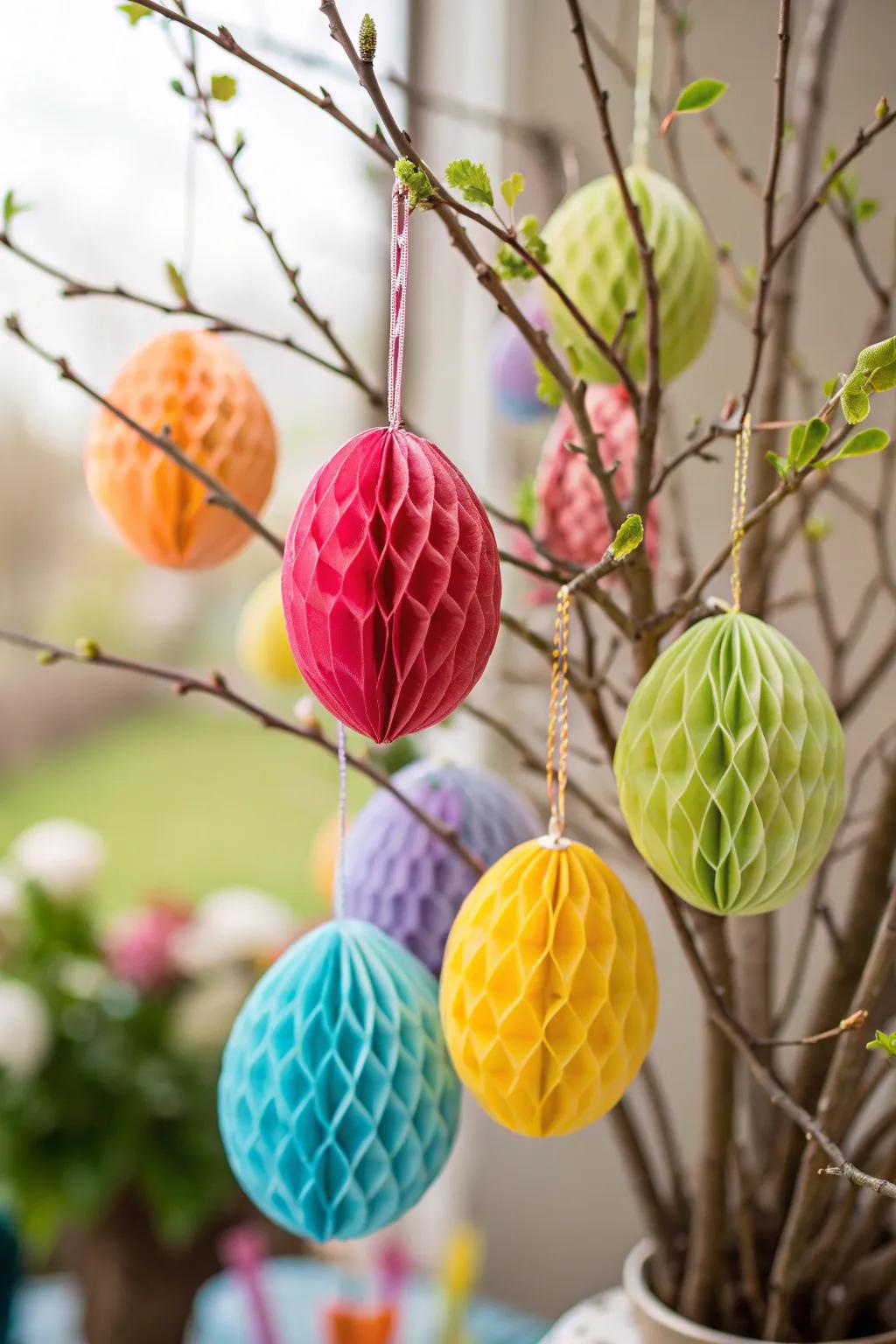 Paper honeycomb Easter eggs add a playful and festive touch to your home.