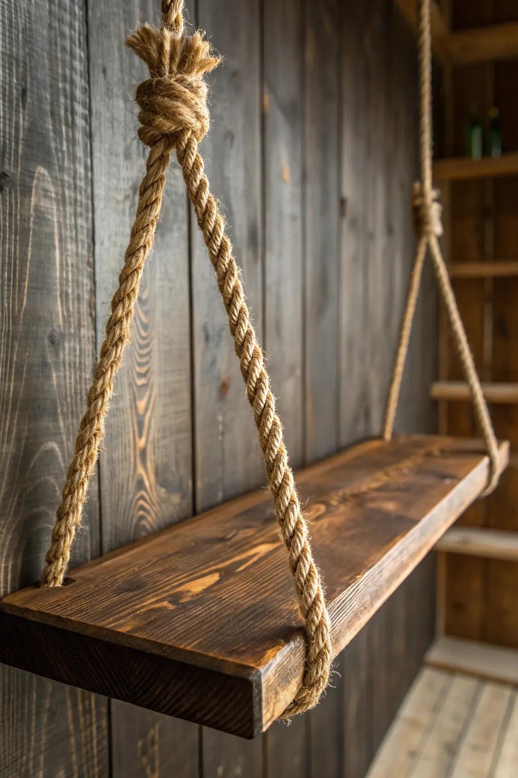 Elevate your space with rugged elegance: Rope Hanging Shelves for the modern craftsman.
