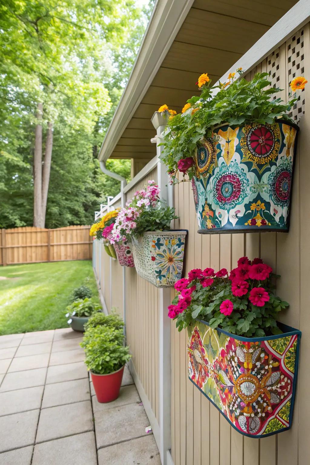 Patterned wall planters transform any outdoor area into a garden oasis.