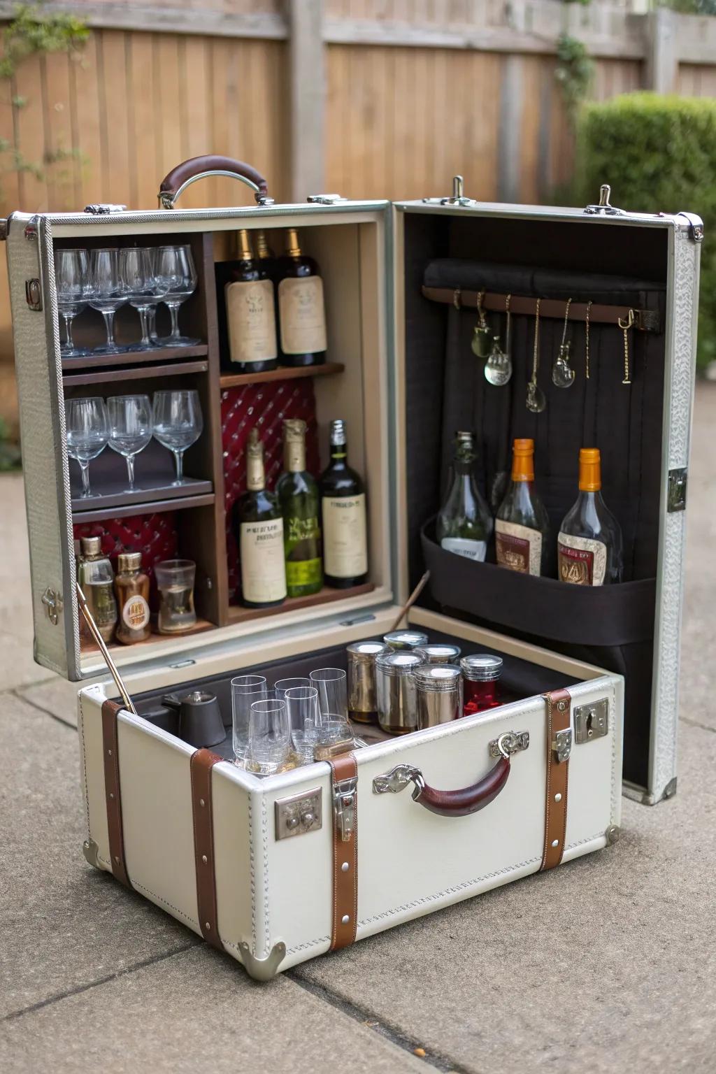 A vintage suitcase becomes a portable home bar, adding a playful touch to any gathering.