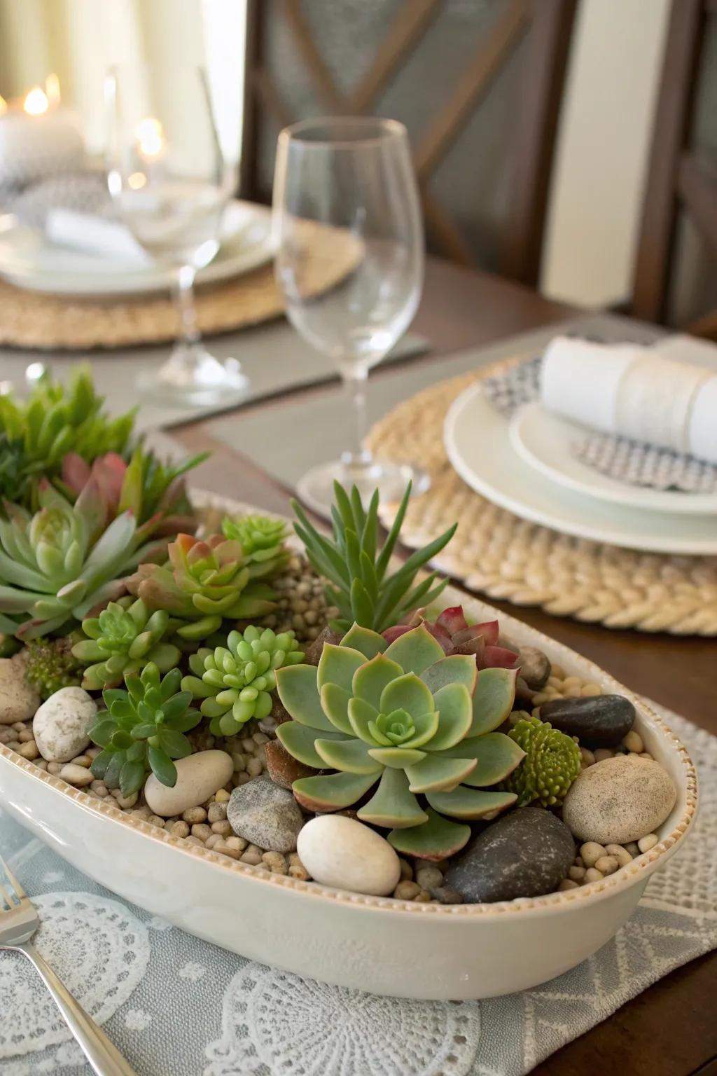 A succulent centerpiece adds a fresh and natural element to the decor.