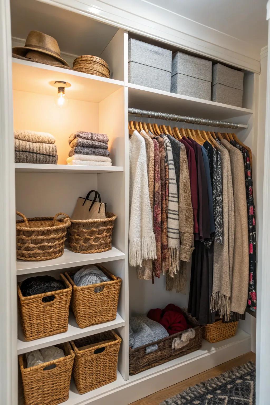 Under-shelf baskets add additional storage to any closet.