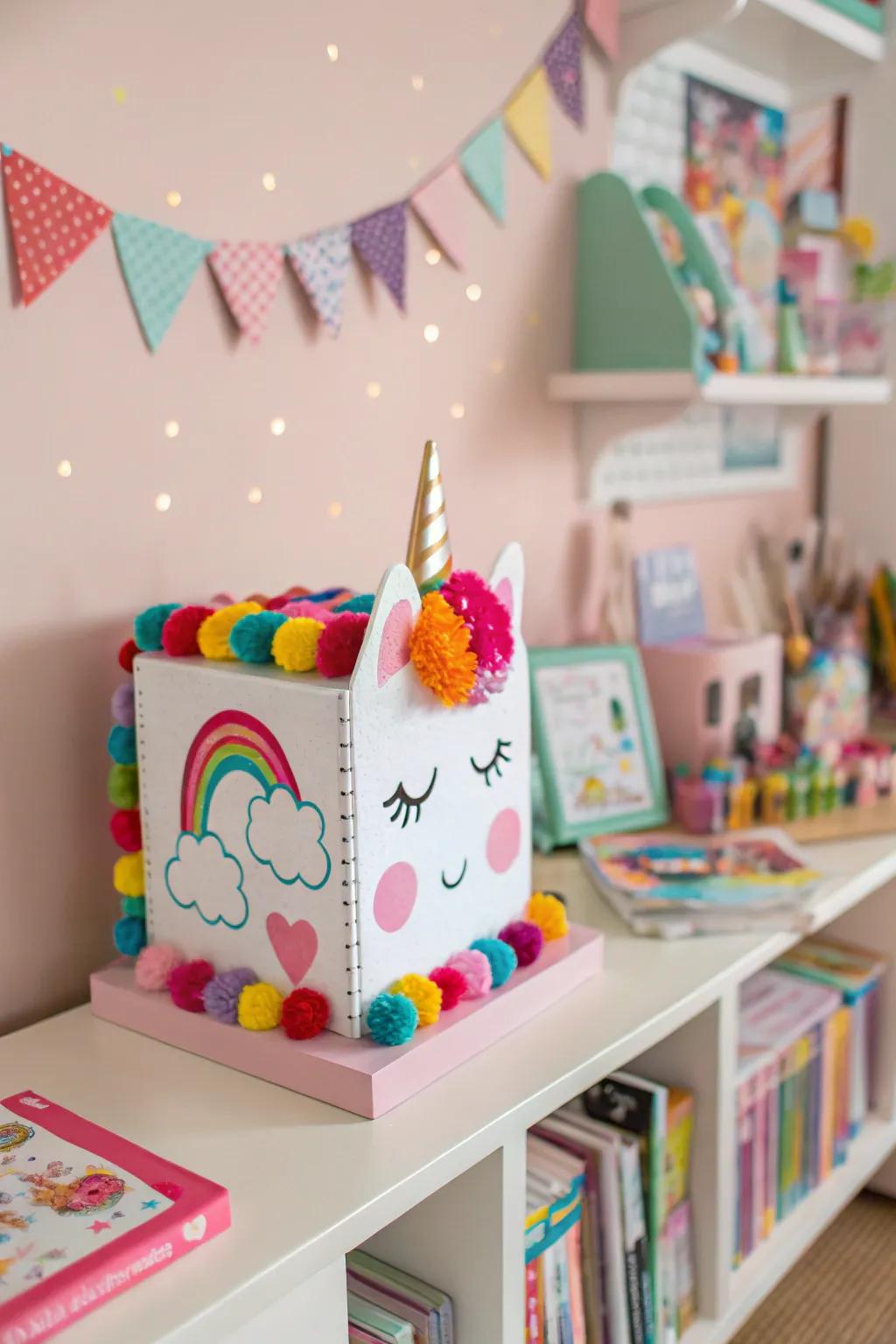 A playful unicorn box accented with mini pom-poms.