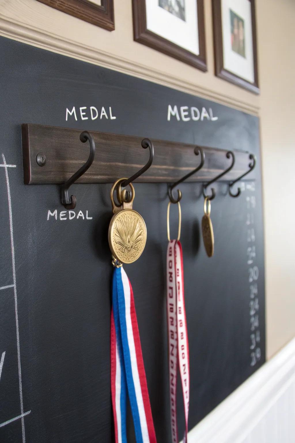 Craft your legacy with a personalized chalkboard medal wall that celebrates your achievements in style.