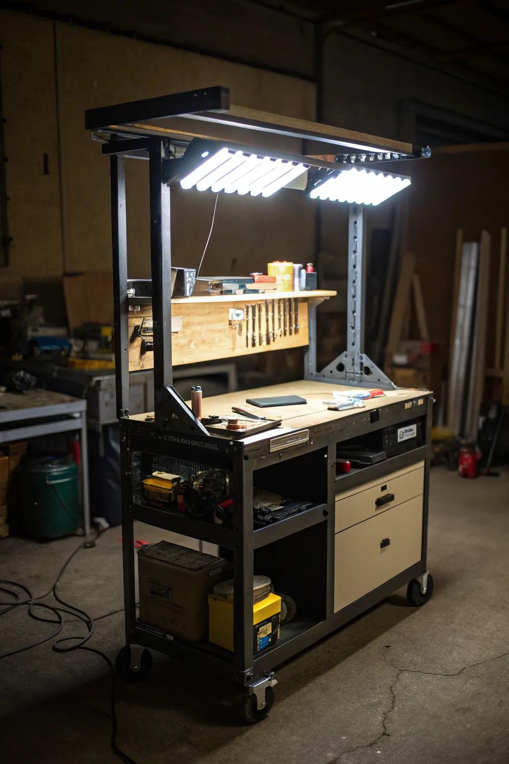 Illuminate your projects with built-in lighting on this workbench.