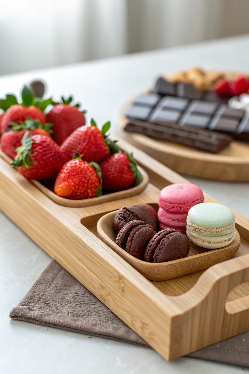 Elevate your movie night with personalized snack trays that combine simplicity and vibrant elegance. 🍓🍫✨