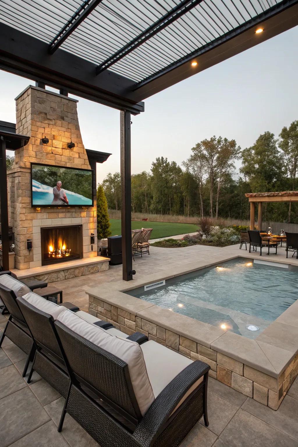 An indoor-outdoor TV setup near the pool enhances summer entertainment.