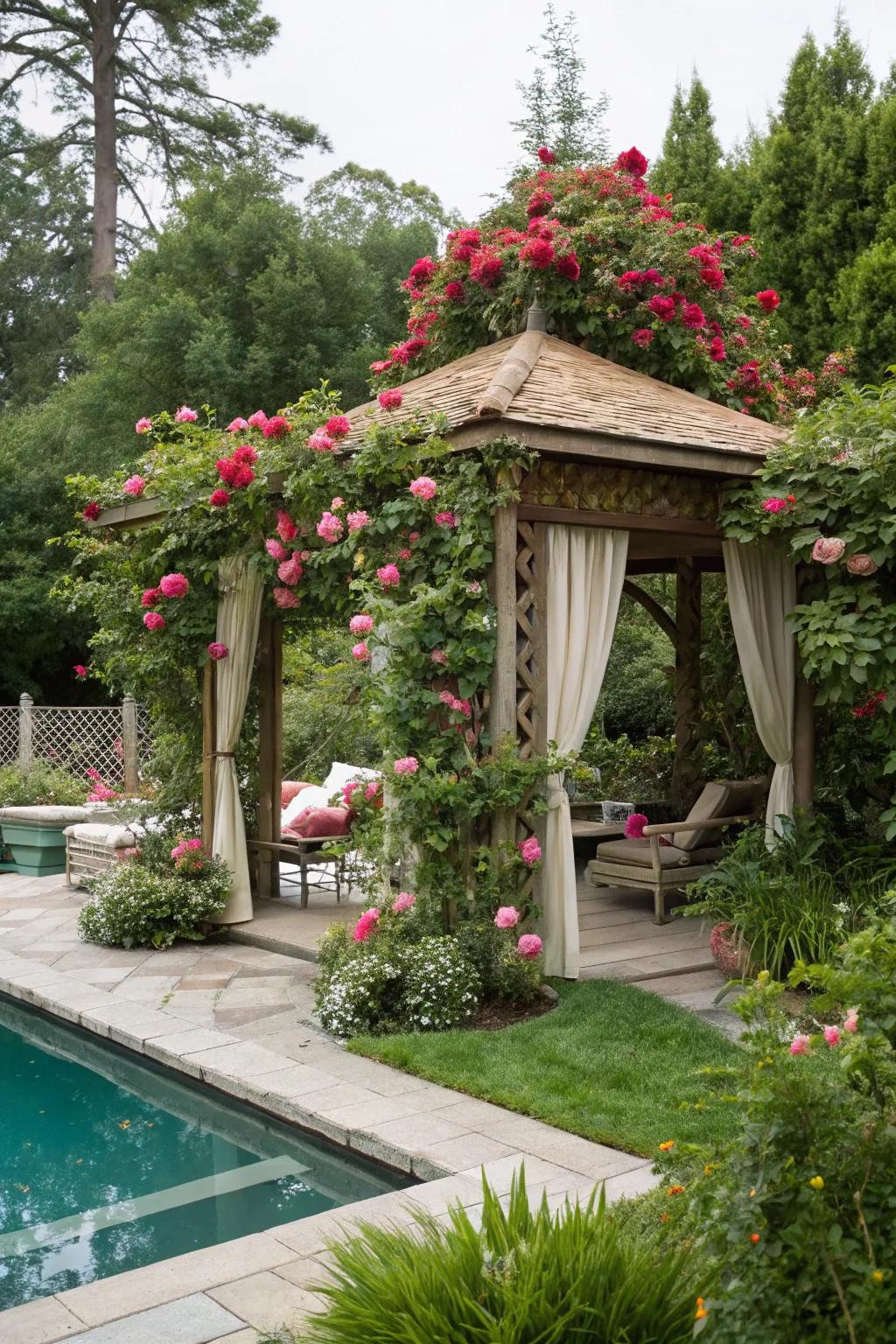 A garden cabana creates a seamless blend with nature for ultimate relaxation.