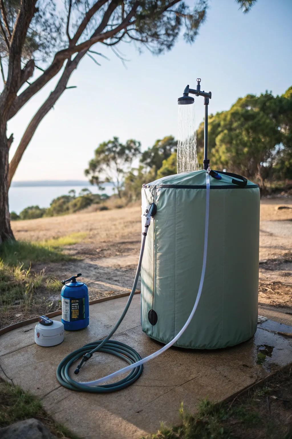 A versatile collapsible water tank for on-the-go showers.