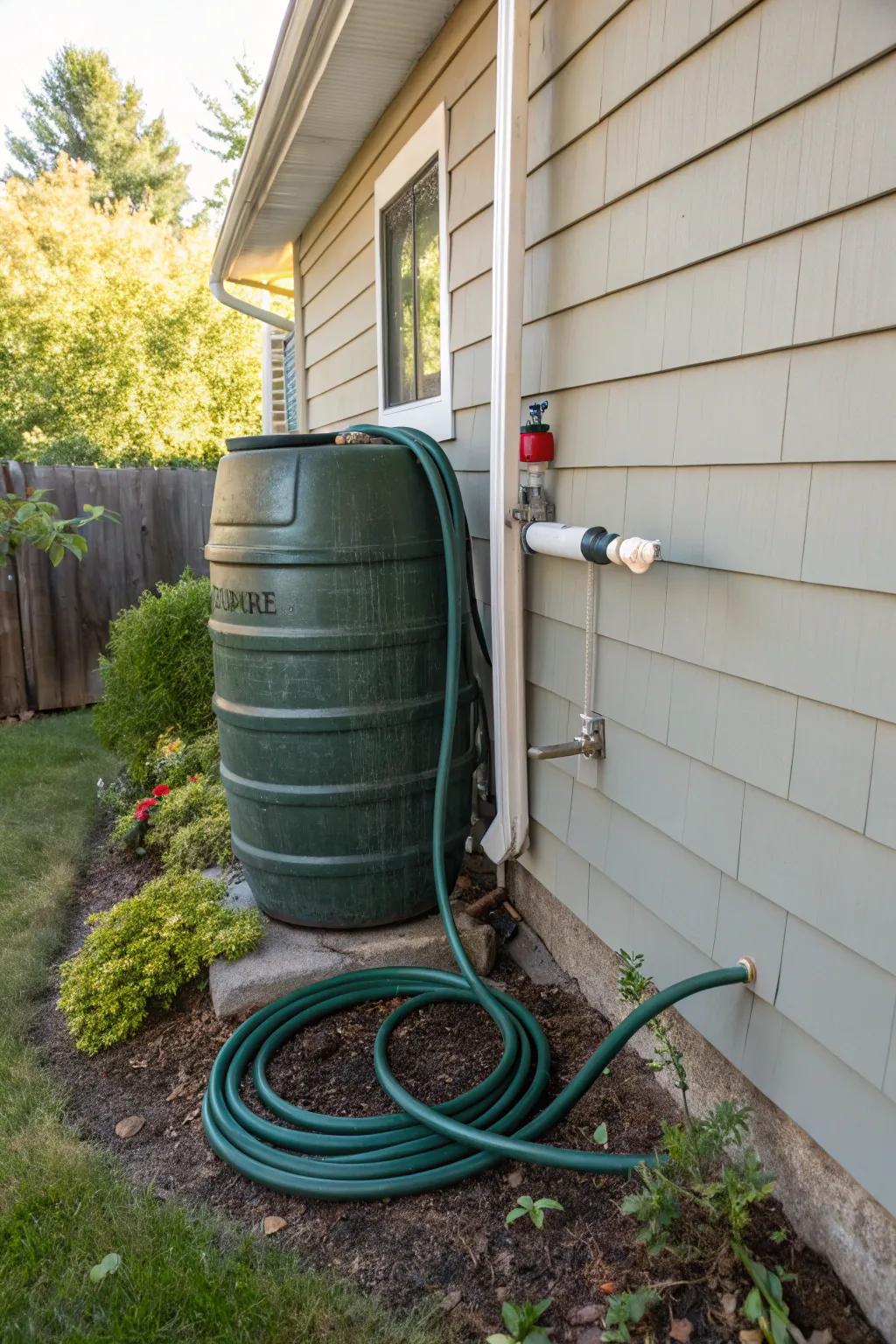 A rain barrel with a built-in hose holder for neat and tidy garden upkeep.