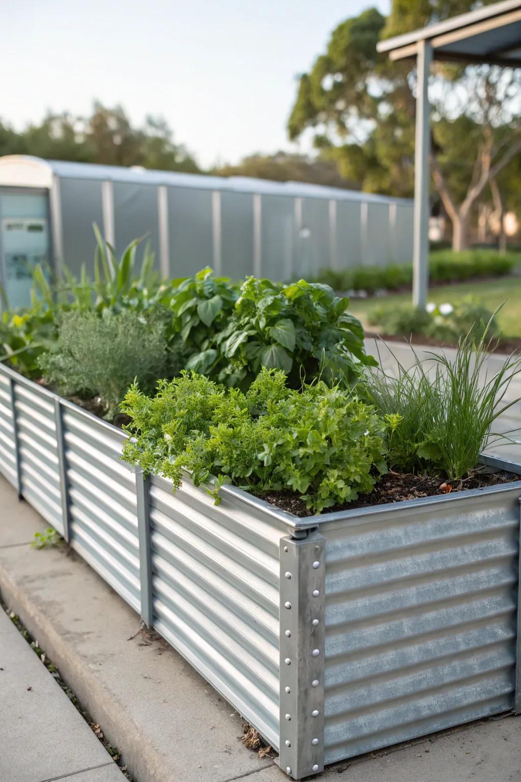 An industrial-style garden bed made from corrugated metal.