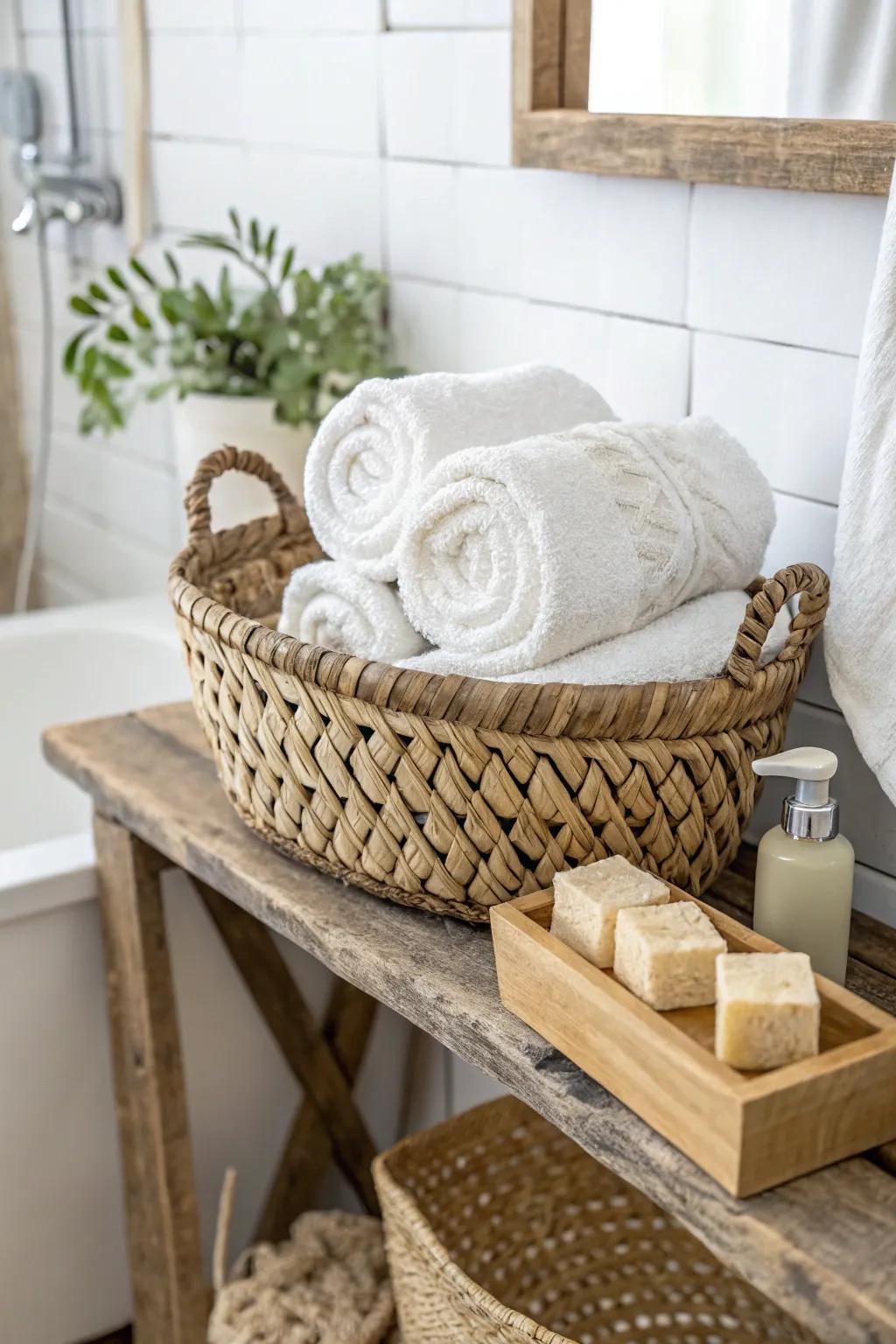 Elevate your bathroom with the timeless elegance of woven basket storage. Perfectly rustic, perfectly organized.