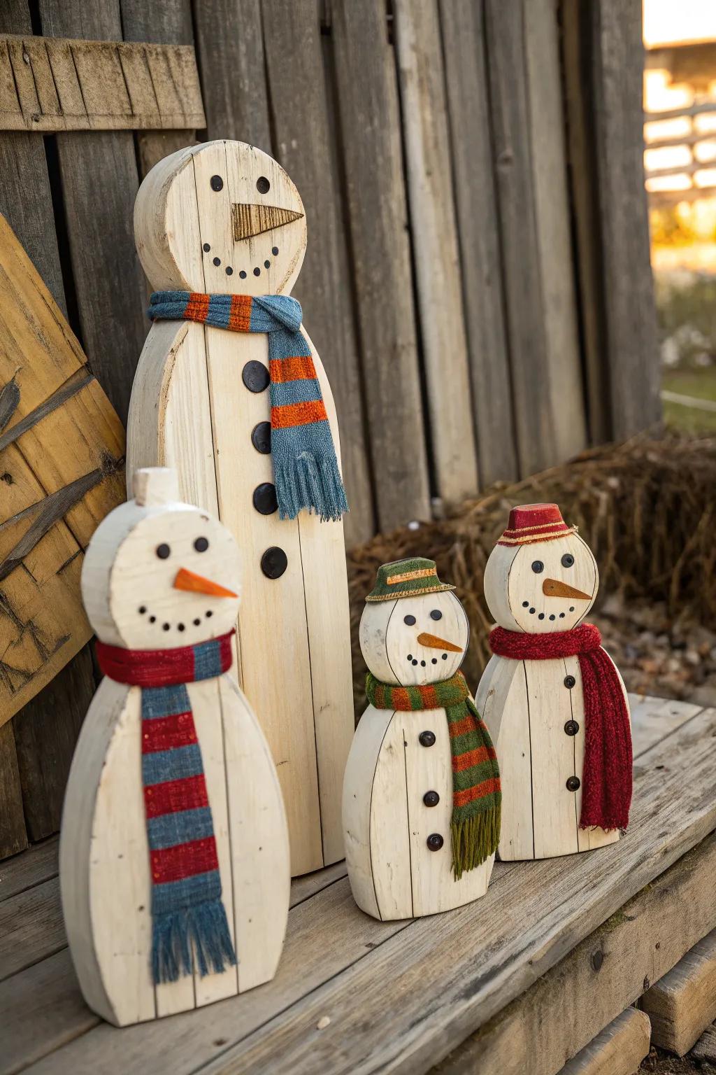 Bring a family of snowmen to life with scrap wood and creativity.