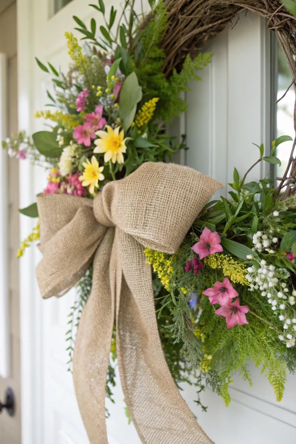 A burlap bow adds rustic charm to any spring decor piece.