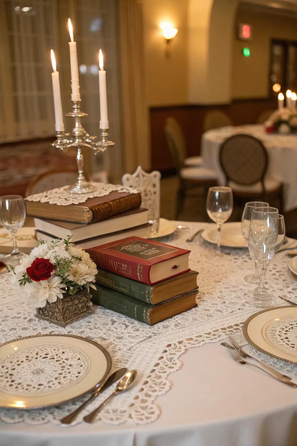 Vintage books and lace add a nostalgic charm to the table setting.