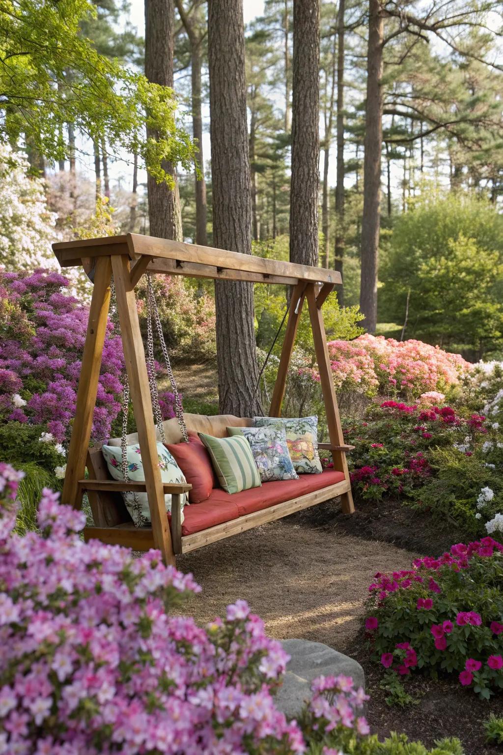 A garden swing bench, inviting relaxation and tranquility.