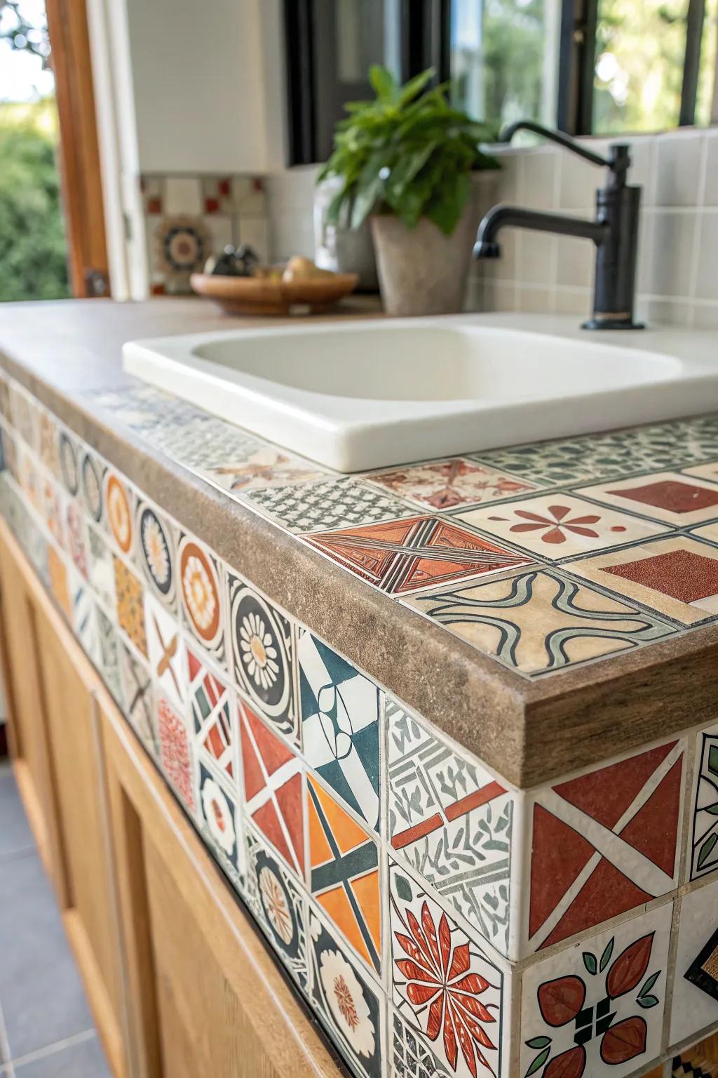 Transform your space with the artful mix of patterns on this DIY tile countertop, where Scandinavian simplicity meets Boho elegance.