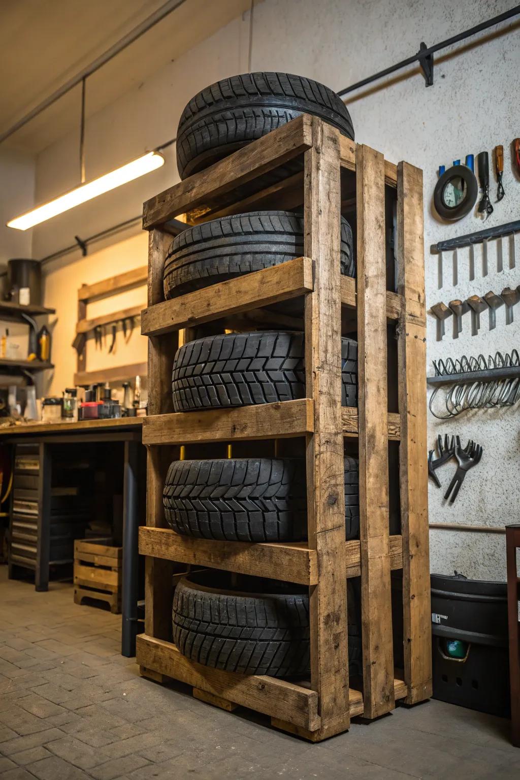 Reimagine your garage with this handcrafted pallet tire rack, where sustainability meets style.