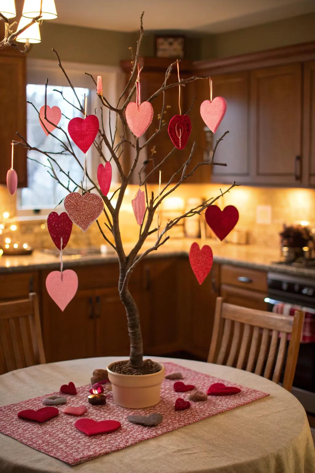 A heart tree centerpiece brings festive cheer to any table.