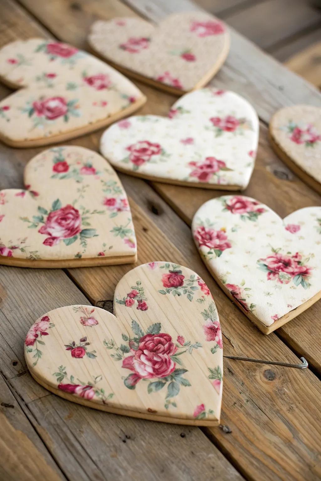 Vintage fabric-covered hearts add a touch of nostalgia.