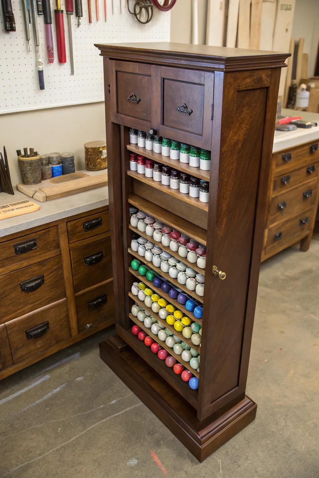 Transform your workspace with this stunning DIY pull-out paint storage solution, where craftsmanship meets creativity.