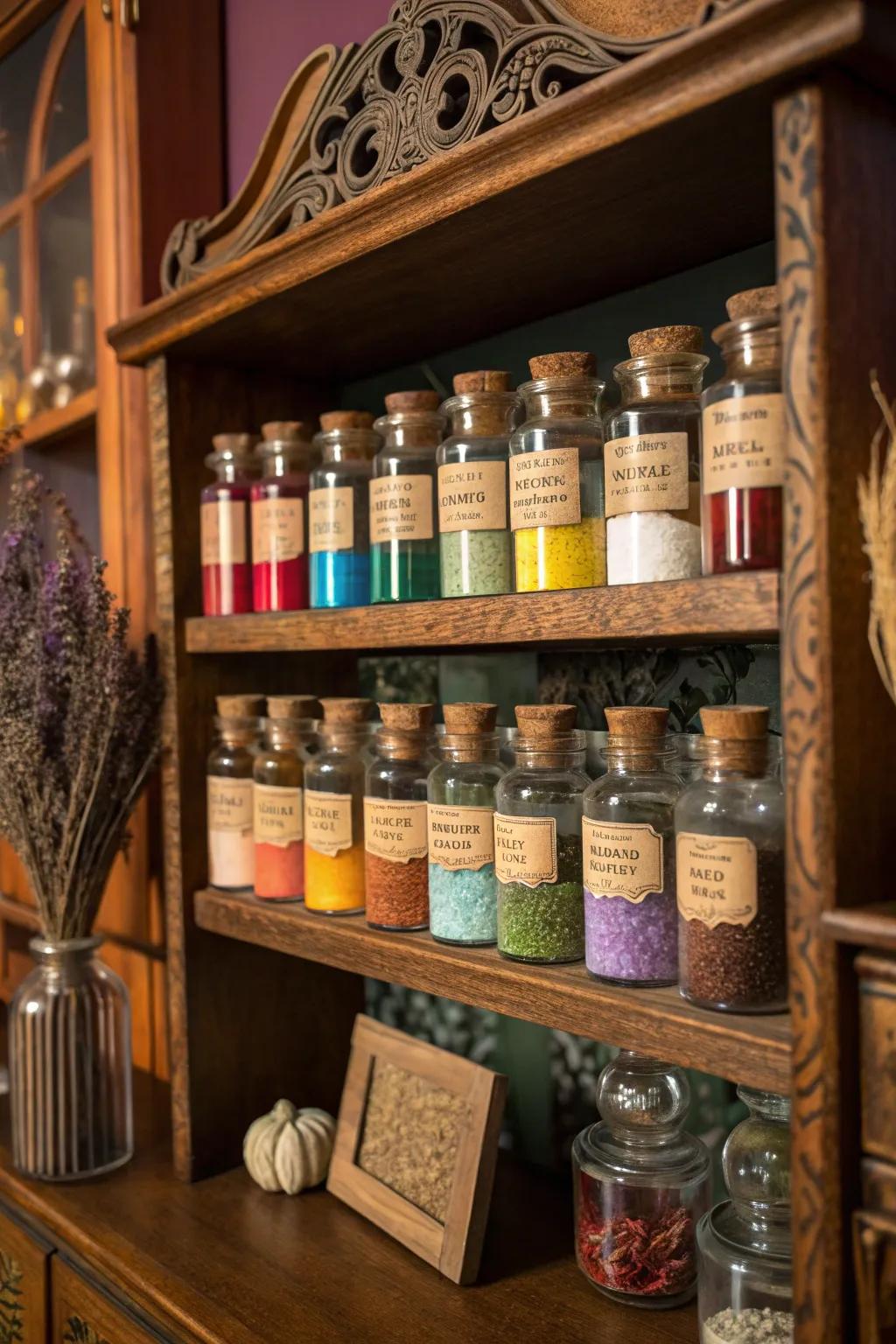 Transform your space with a DIY alchemy shelf: a bewitching display of colors and craftsmanship.