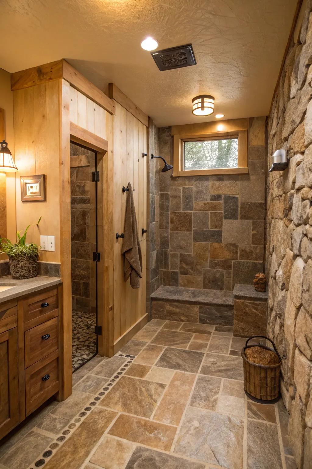 Natural stone tiles lend a rustic and earthy vibe to this doorless shower.