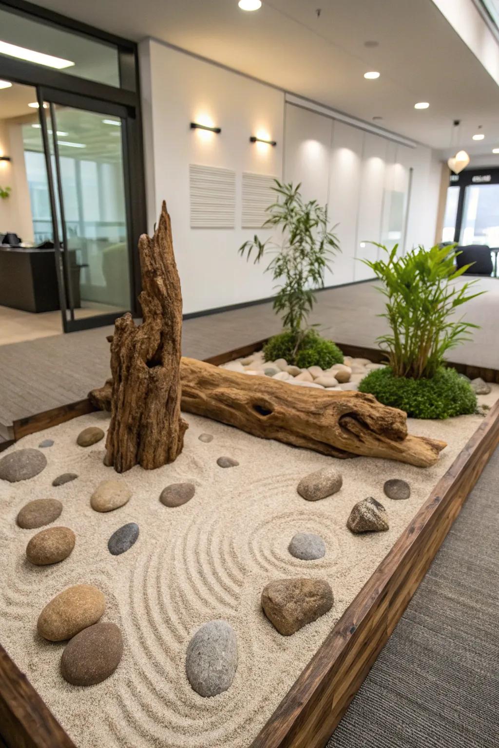 Serene driftwood Zen garden, perfect for adding tranquility to an office space.