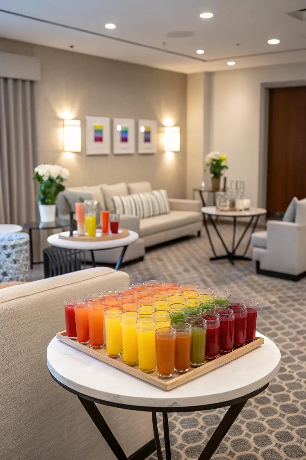 A vibrant drink table adding color to a neutral lounge area.