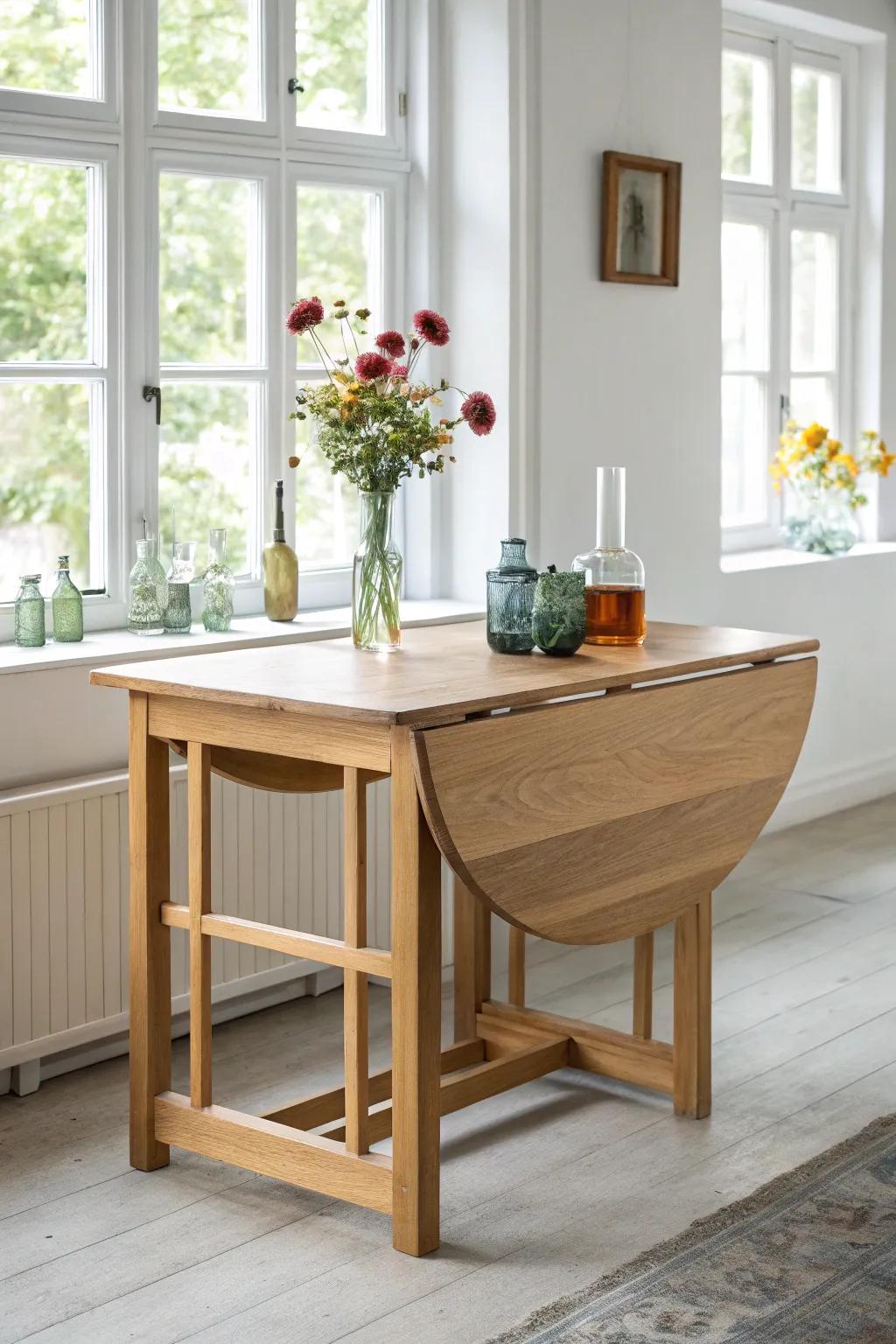 Transform your bar area with a chic drop leaf table – compact elegance meets mixology dreams. #ScandiBoho #BarStyle