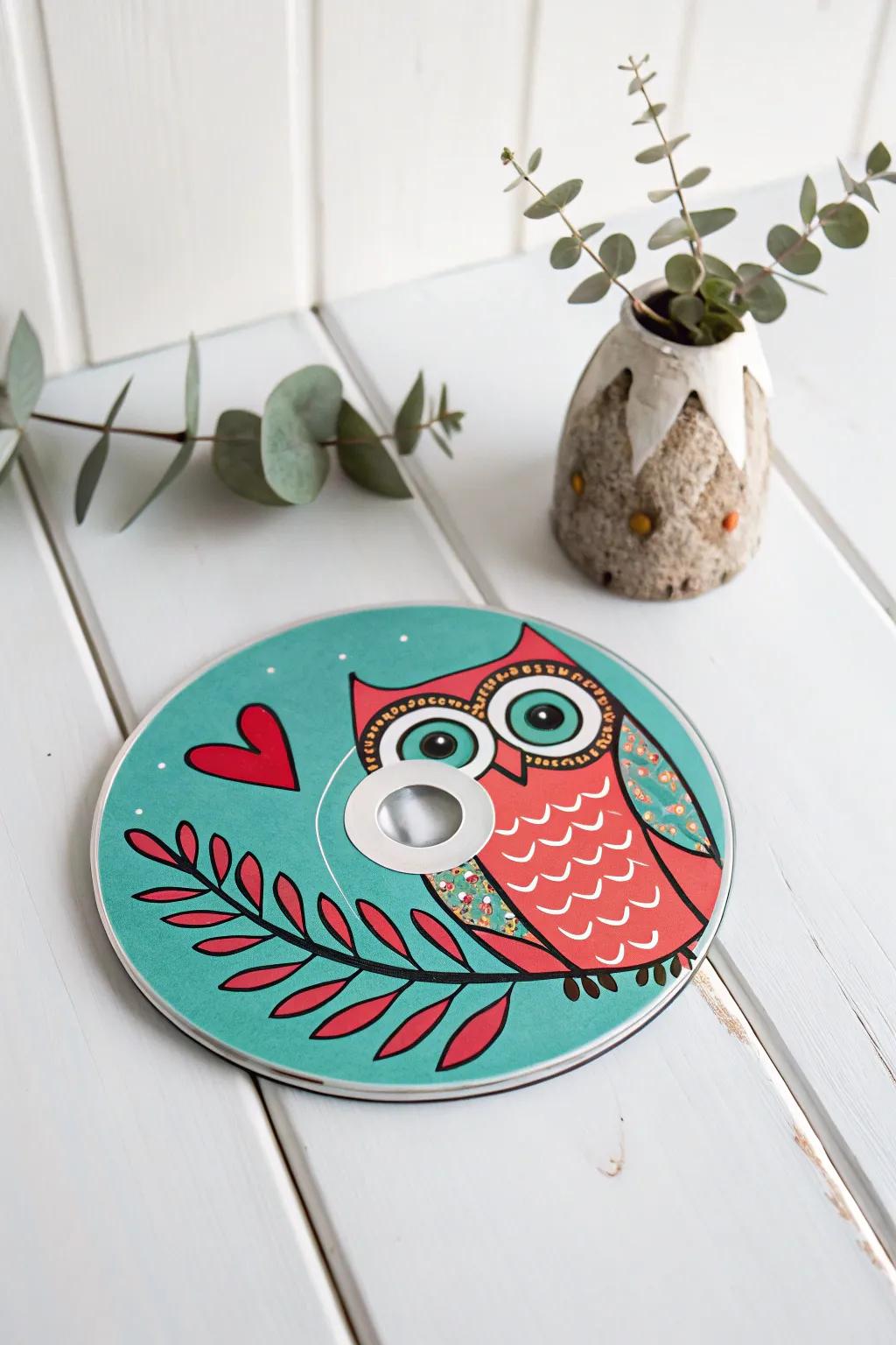 Add a splash of whimsy to your decor with a charming cartoon owl DVD painting—perfect for playful, minimalist spaces.