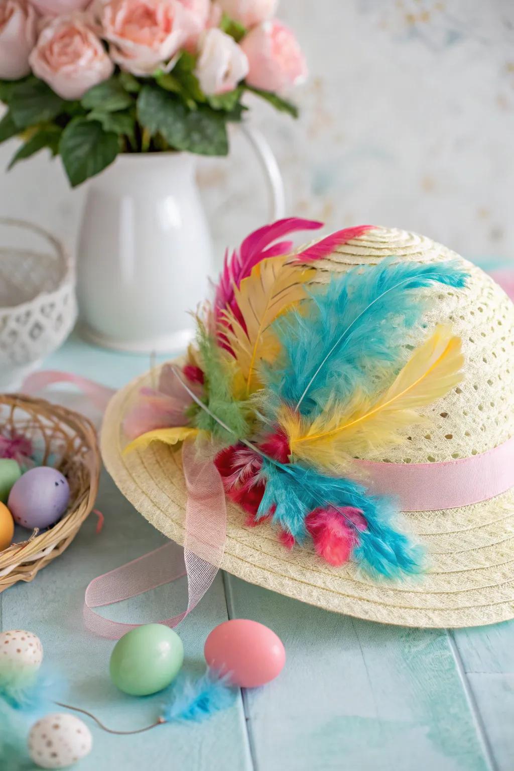 A feathered Easter bonnet that exudes elegance and flair.