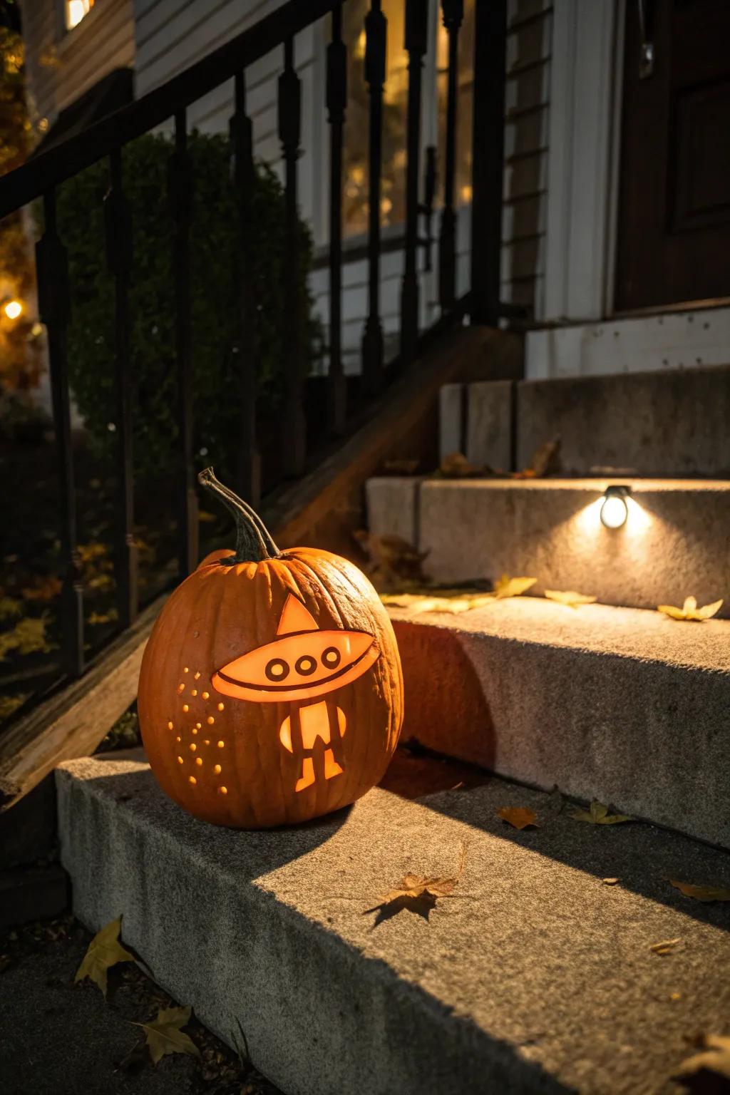 A UFO pumpkin ready to captivate and intrigue.