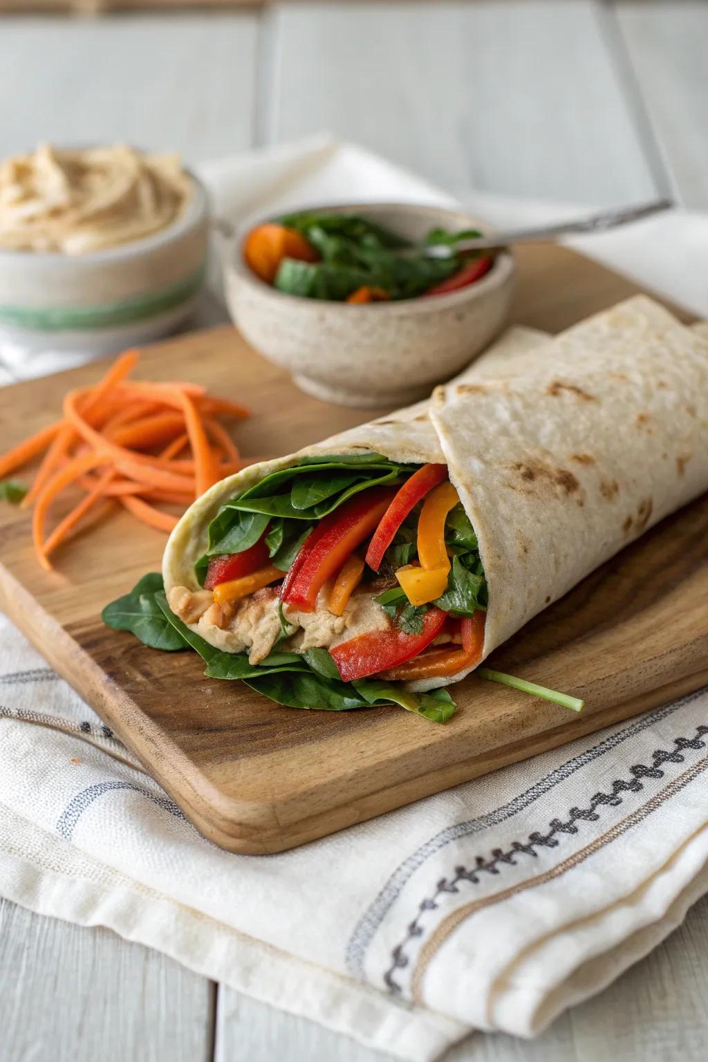 Embrace simplicity with this vibrant veggie wrap—your perfect busy-day companion.