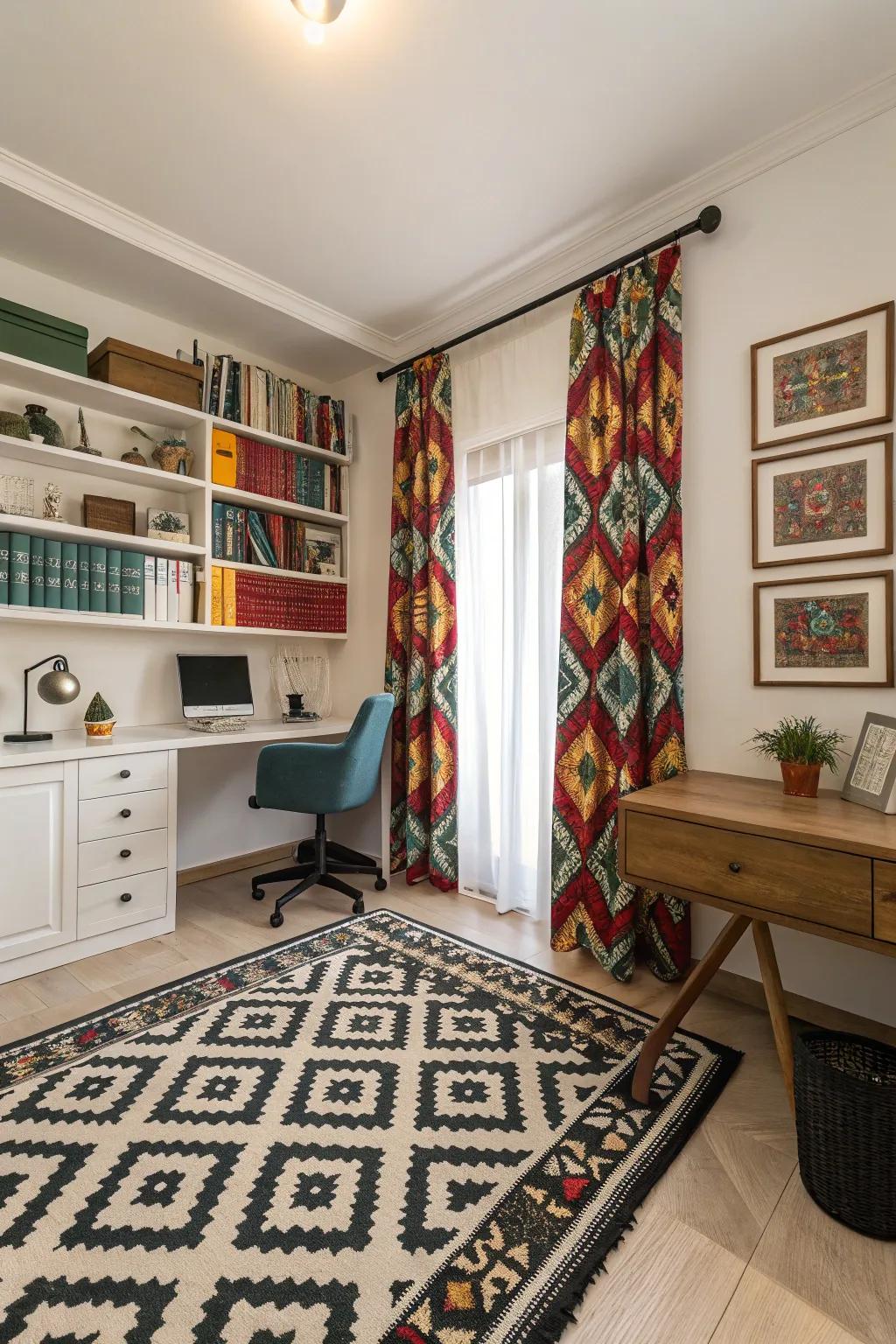 Patterned textiles bring visual interest to this eclectic home office.