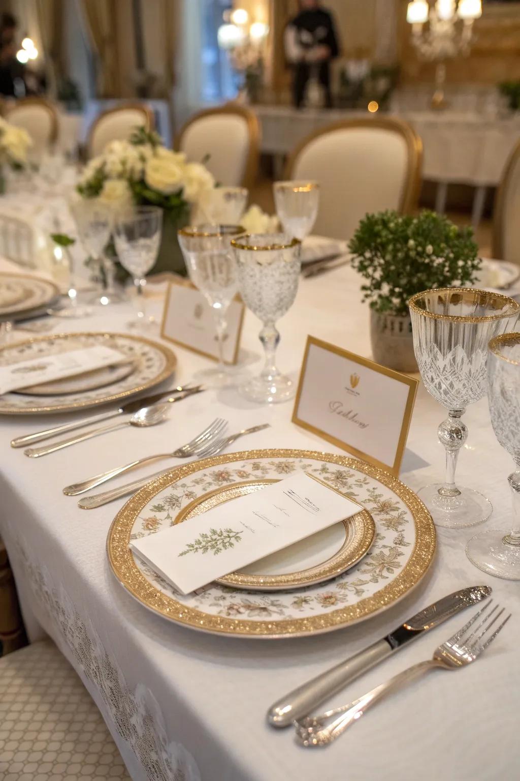 Personalized place settings with bespoke name cards add a special touch to the table.