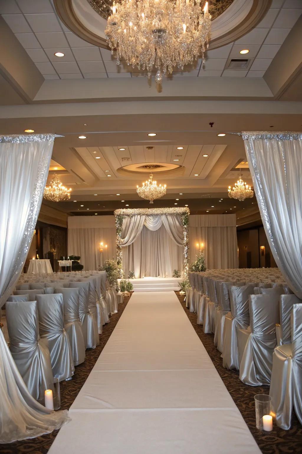 Silver linens and drapes add luxury.