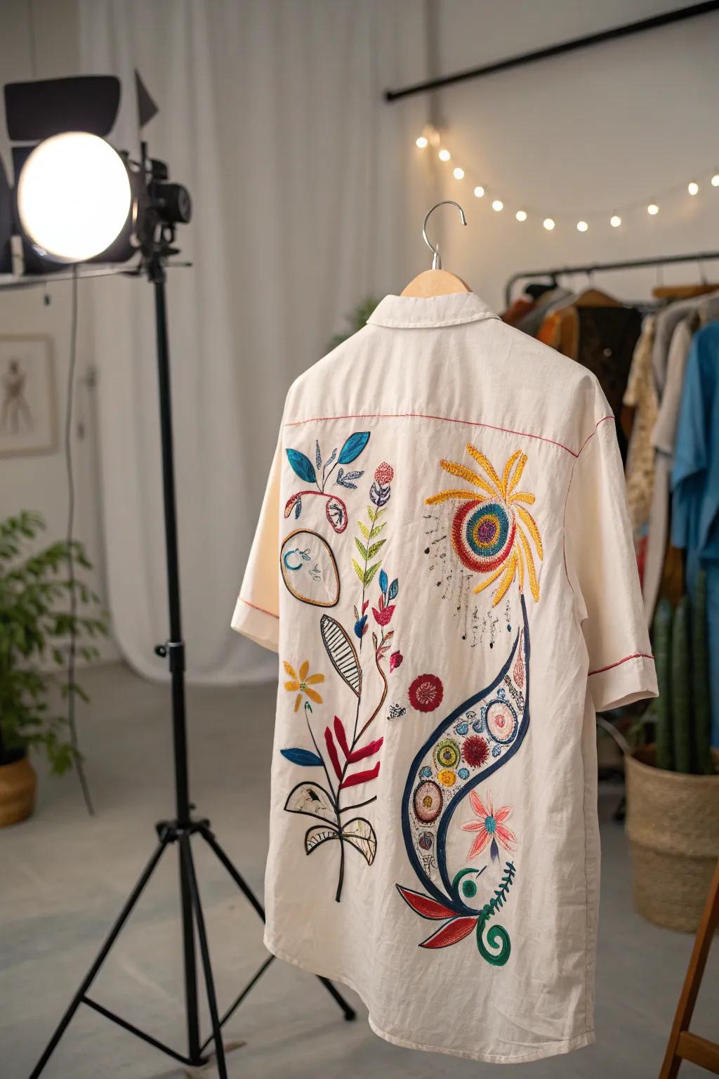 Abstract embroidery patterns bring artistic flair.