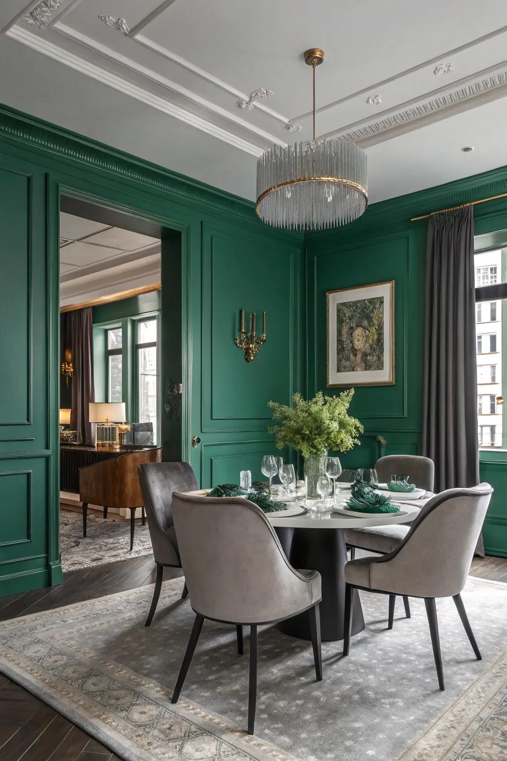 Emerald green and gray offer a modern and sophisticated look.