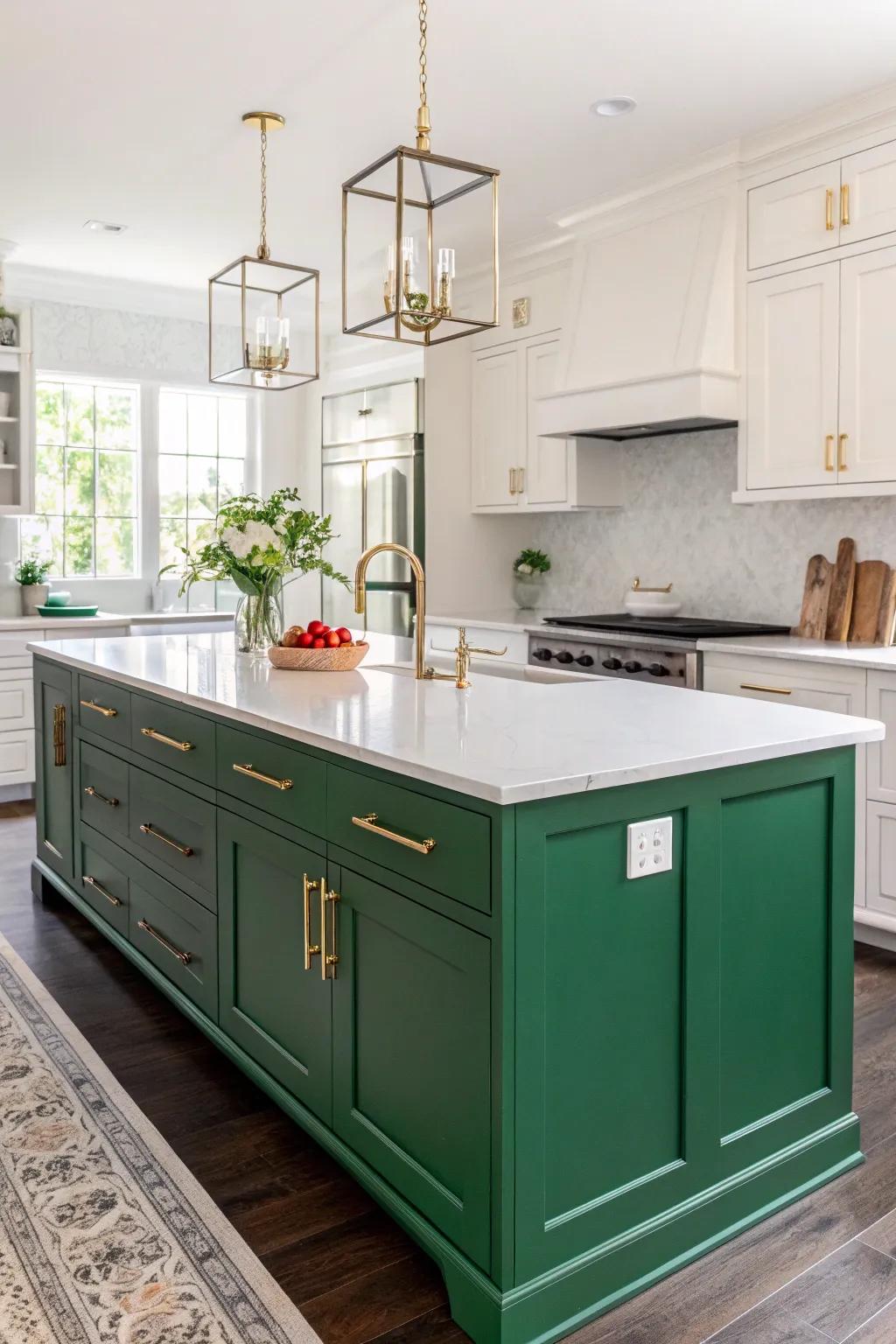 A fresh and modern kitchen with an emerald island and white countertops.