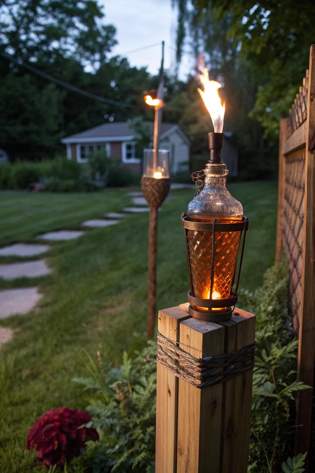 Illuminate your outdoor nights with a touch of craftsmanship: repurposed bourbon bottle tiki torches.
