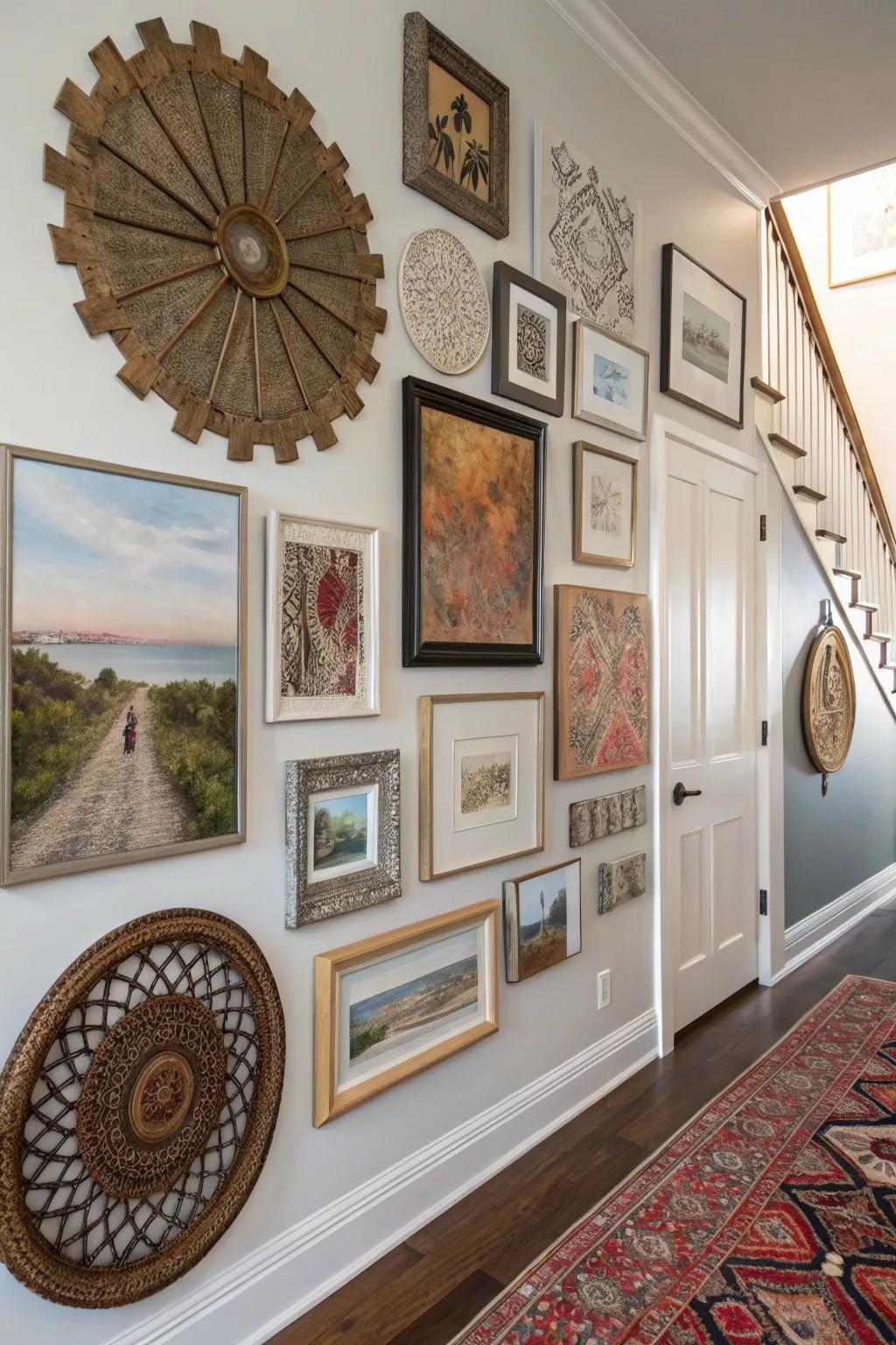 Layered textures bring depth to the gallery wall.