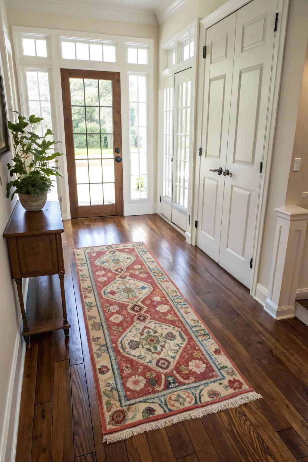 A patterned rug adds warmth and style to your entryway.