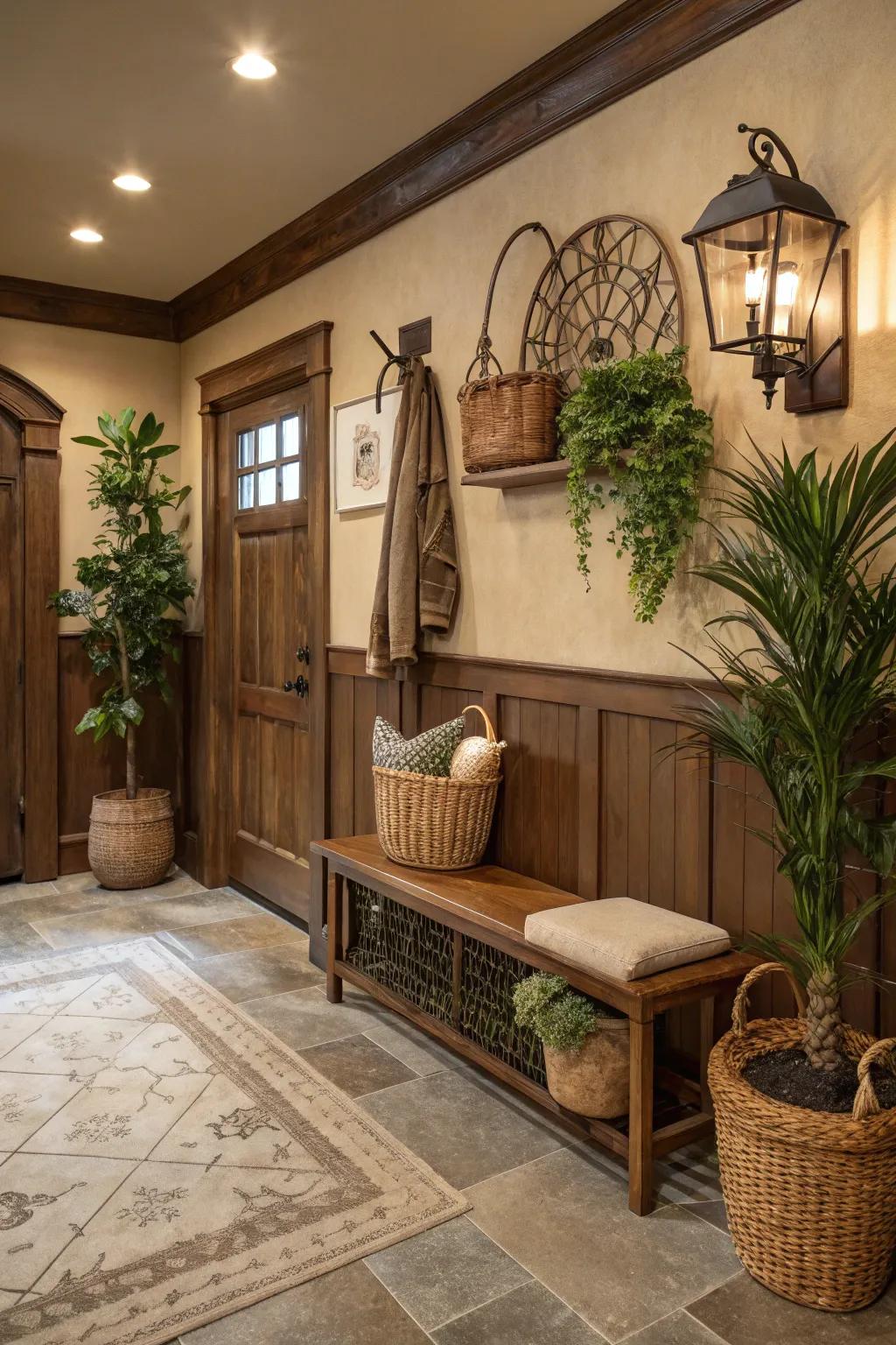 Earthy hues in wainscoting create a warm and inviting atmosphere.