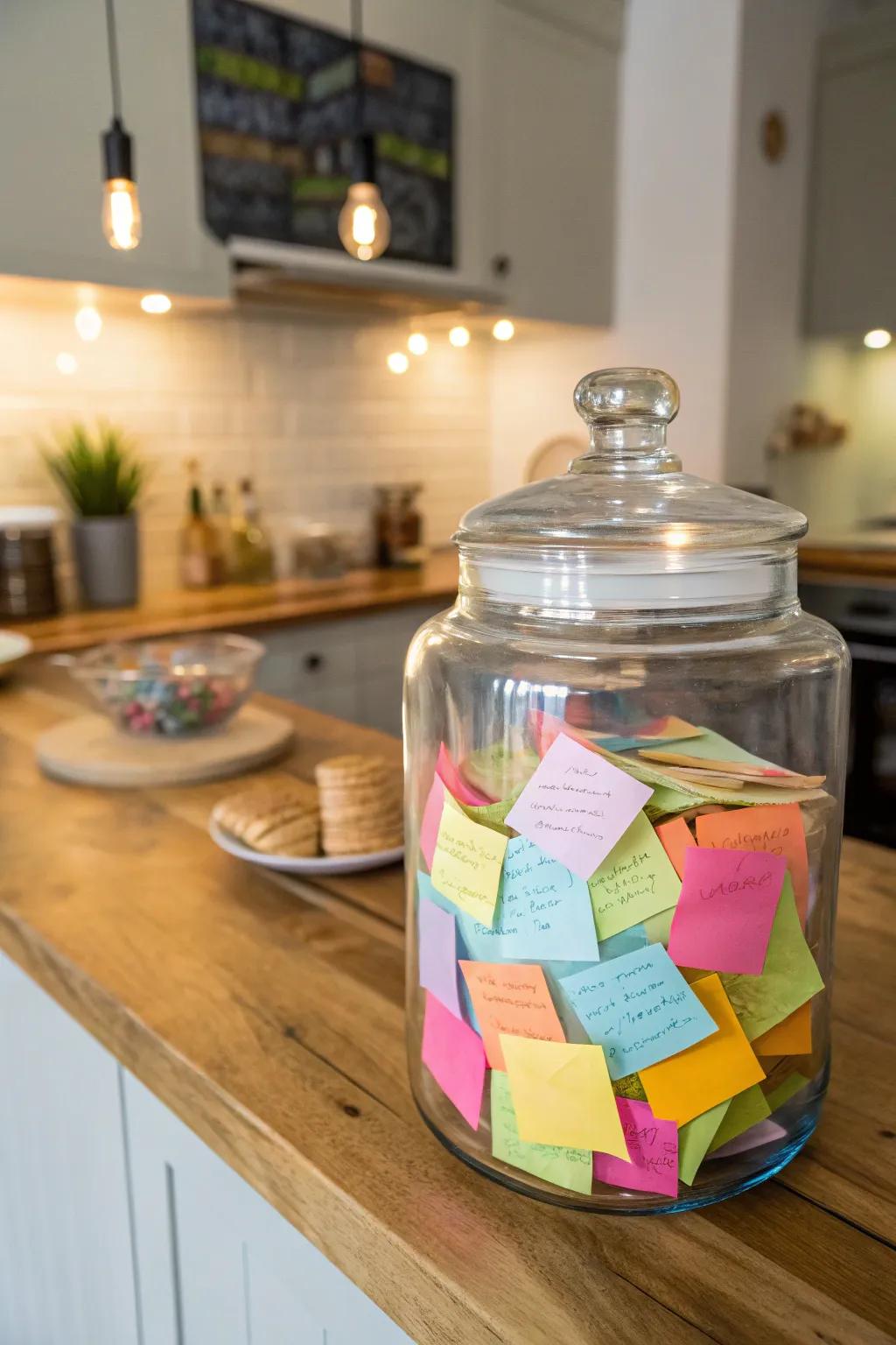 A whimsical glass jar suggestion box in a lively kitchen.