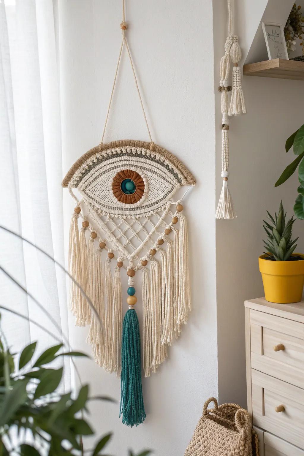Add a touch of boho elegance with a handcrafted eye macramé wall hanging!